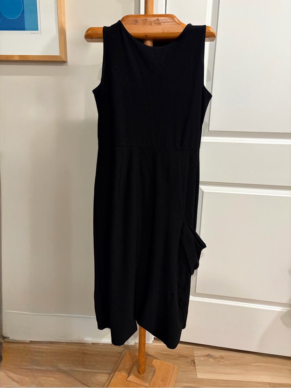 Eileen Fisher Black Sleeveless Midi Stretch Crepe Lantern Dress Drop Pocket Lg